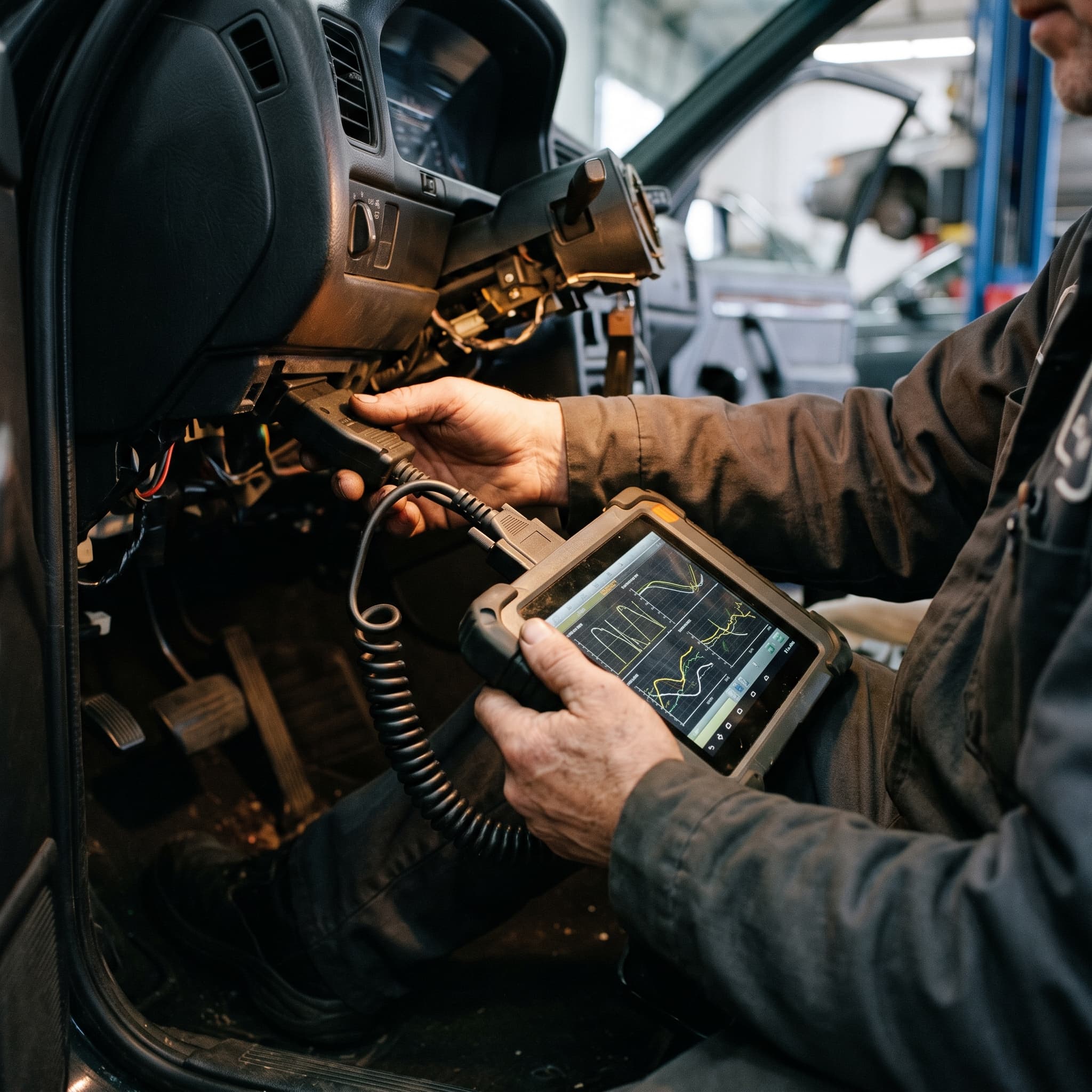 Valise de diagnostic branchée sur la prise d’une voiture, courbes de mesure à l’écran